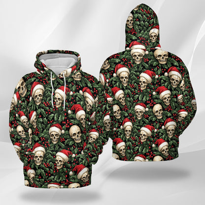 Netecom Skull Santa Hat Christmas Print Hoodie with Front Pocket, All Over Gothic Graphic Sweatshirt Unisex Casual