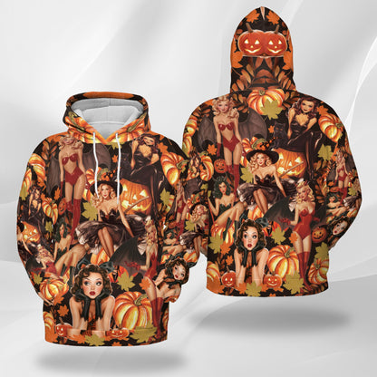 Netecom Pinup Girl 3D Print Hoodie with Front Pocket, All Over Graphic Halloween Sweatshirt Unisex Casual