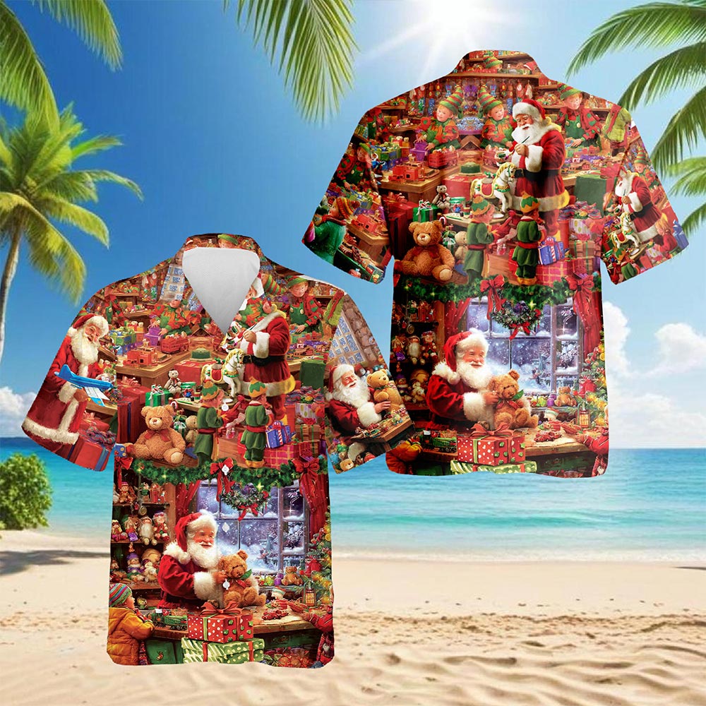 Netecom Santa Claus Workshop Hawaiian Shirt for Men Women, Festive Christmas Holiday Button Down Summer Beach Shirt, S-5XL