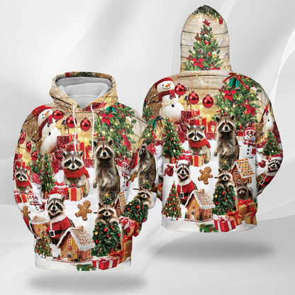 Netecom Christmas Raccoon Print Hoodie with Front Pocket, All Over Cute Animal Holiday Graphic Sweatshirt Unisex Casual