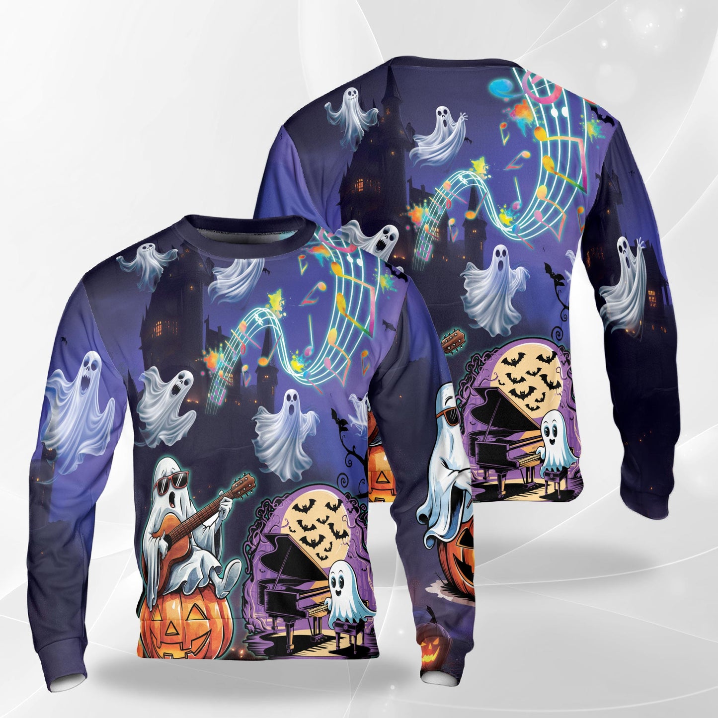 Netecom Halloween Ghost and Pumpkin Sweatshirt 3D All Over Print, Music Night Design, Crewneck Pullover for Costume Party