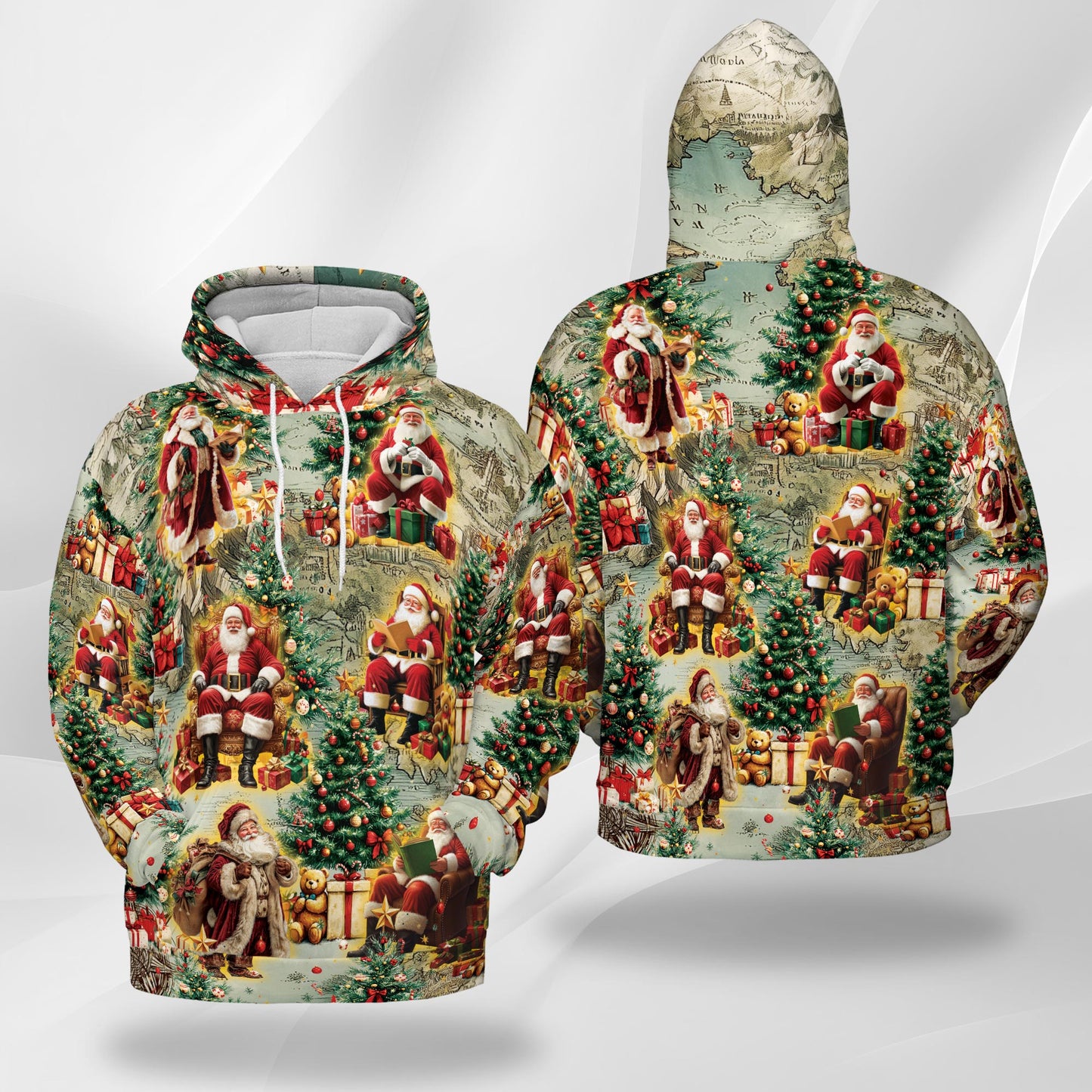 Netecom Vintage Santa Claus Print Hoodie with Front Pocket, All Over Xmas Graphic Sweatshirt Unisex Casual