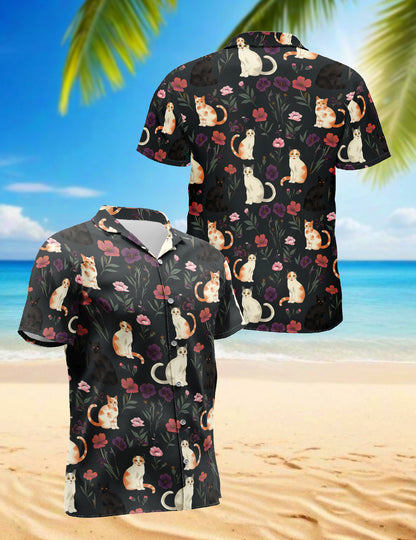 Netecom Cute Cat White Hawaiian Shirt for Men Women, Cat Lover Gifts, Animal Floral Button Down Summer Beach Shirts