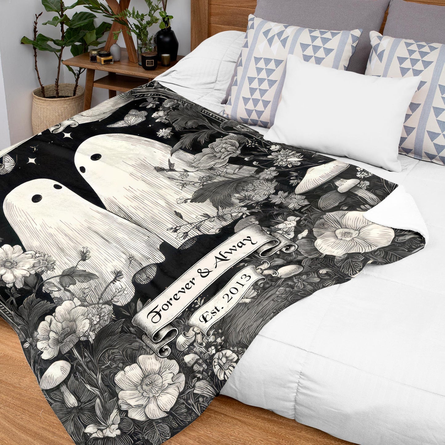 Netecom Personalized Ghost Couple Blanket with Names and Established Date, Woodland Floral Throw Blanket for Couch, Bed or Sofa, Romantic Gift for Couples, Anniversary or Halloween Decor