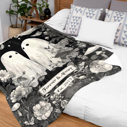 Netecom Personalized Ghost Couple Blanket with Names and Established Date, Woodland Floral Throw Blanket for Couch, Bed or Sofa, Romantic Gift for Couples, Anniversary or Halloween Decor