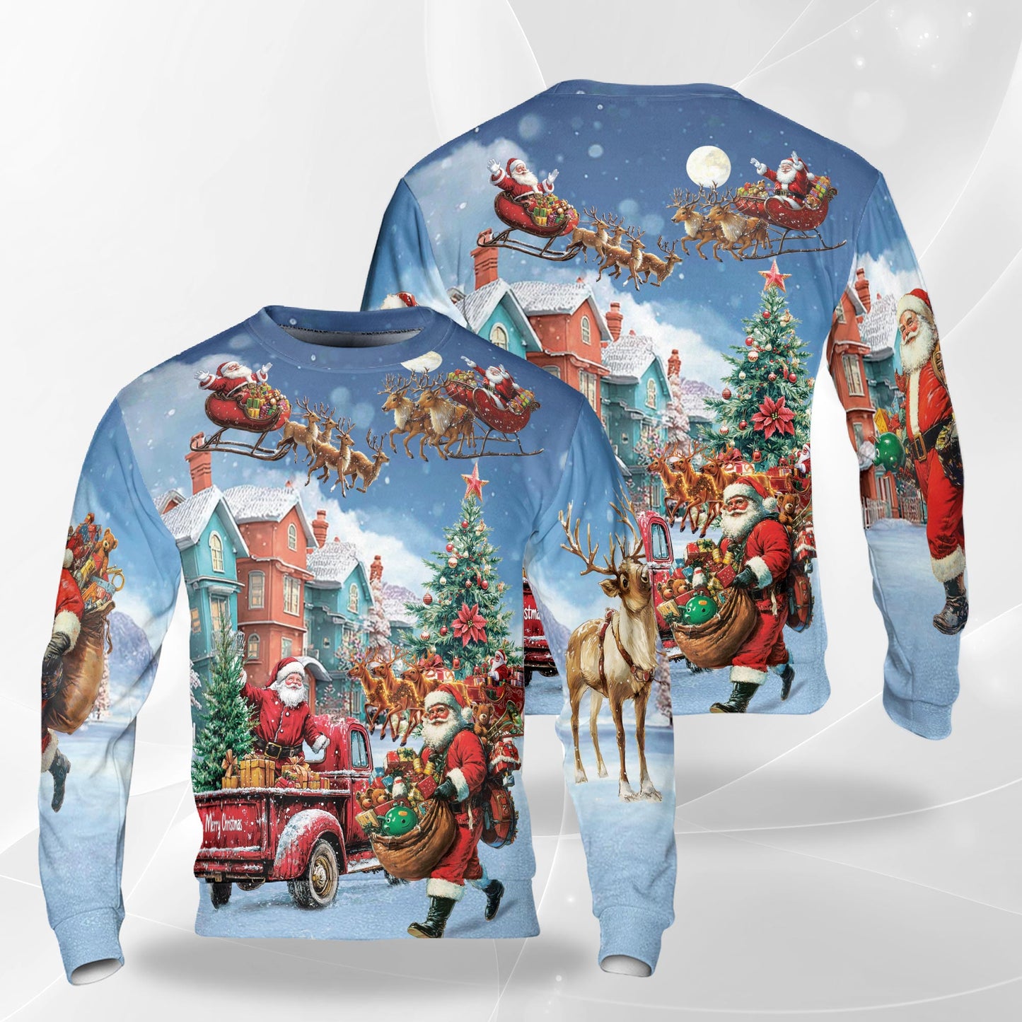 Netecom Christmas Santa Clause Sweatshirt 3D All Over Print, Snowy Holiday Scenes Design, Crewneck Pullover for Costume Party