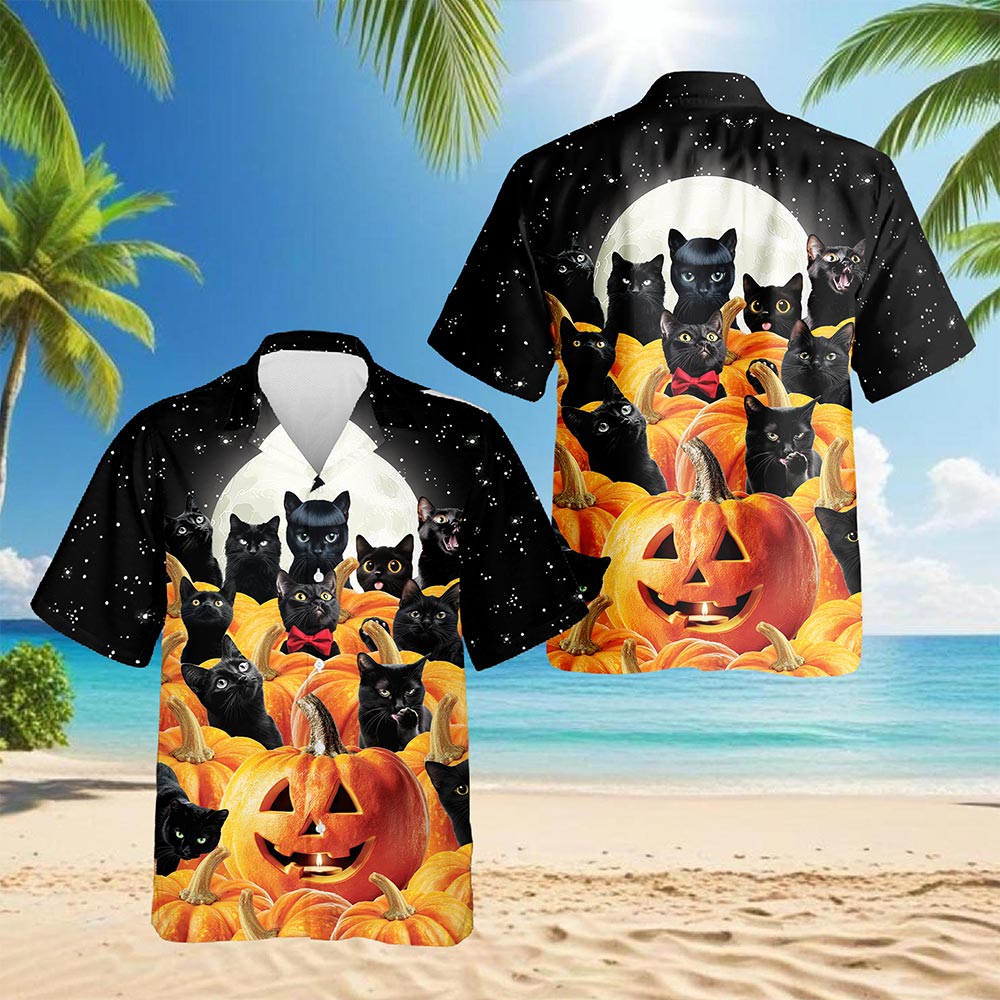 Netecom Cute Black Cat Pumpkin Hawaiian Shirt for Men, Halloween Present, Animal Button Down Summer Beach Shirts, S-5XL