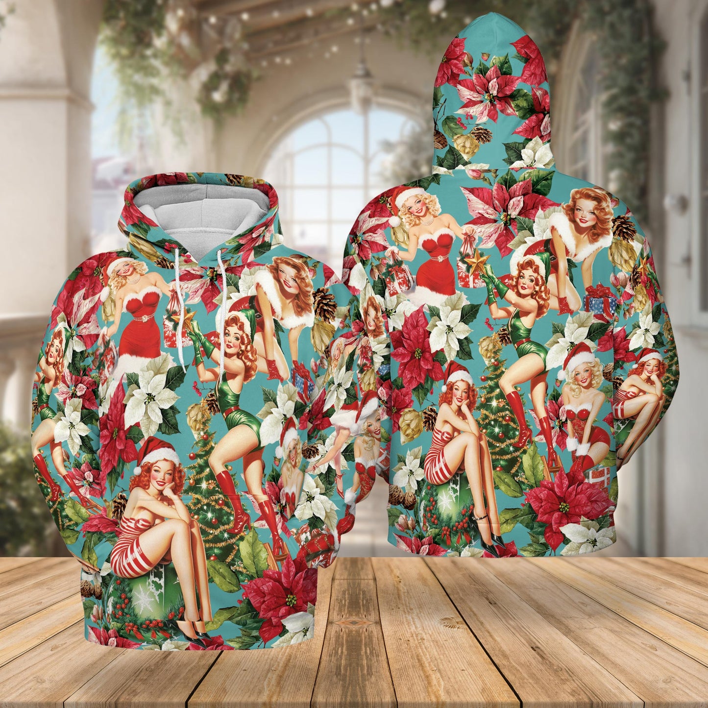 Netecom Christmas Pinup Girl 3D Hoodie with Front Pocket, Unisex Casual All Over Vintage Holiday Graphic Sweatshirt