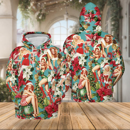 Netecom Christmas Pinup Girl 3D Hoodie with Front Pocket, Unisex Casual All Over Vintage Holiday Graphic Sweatshirt