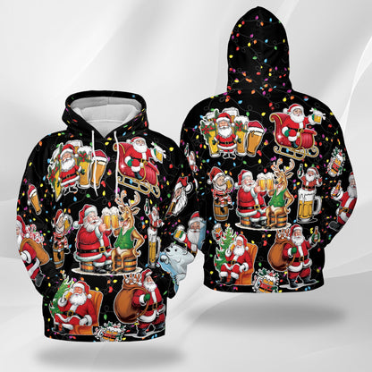 Netecom Santa Beer Lover Print Hoodie with Front Pocket, All Over Funny Christmas Drinking Graphic Sweatshirt Unisex Casual