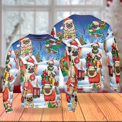 Netecom Funny Pug Christmas Sweatshirt 3D All Over Print – Unisex Crewneck Pullover, Lightweight Fleece Casual Outfit