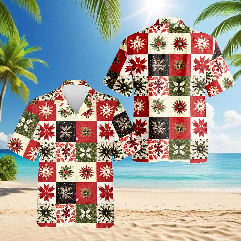 Netecom Christmas Quilt Pattern Hawaiian Shirt for Men, Patchwork Style Button Down Summer Beach Shirts, S-5XL