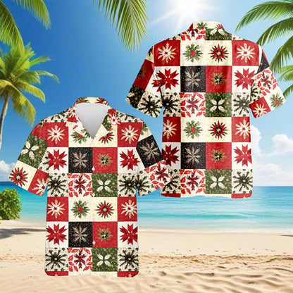 Netecom Christmas Quilt Pattern Hawaiian Shirt for Men, Patchwork Style Button Down Summer Beach Shirts, S-5XL