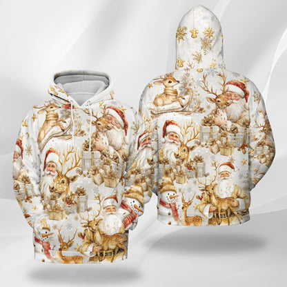 Netecom Golden Santa Claus and Reindeer Christmas Print Hoodie with Front Pocket, All Over Graphic Sweatshirt Unisex Casual