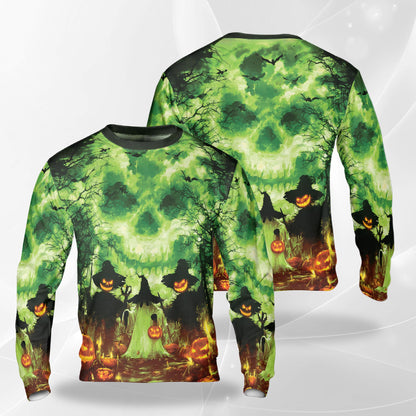 Netecom Halloween Pumpkin Scarecrow Sweatshirt 3D All Over Print, Spooky Skull Night, Crewneck Pullover for Costume Party