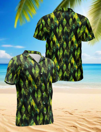 Netecom Camouflage Pine Tree Hawaiian Shirt, Forest Green Woodland Pattern Button Down Short Sleeve Shirt
