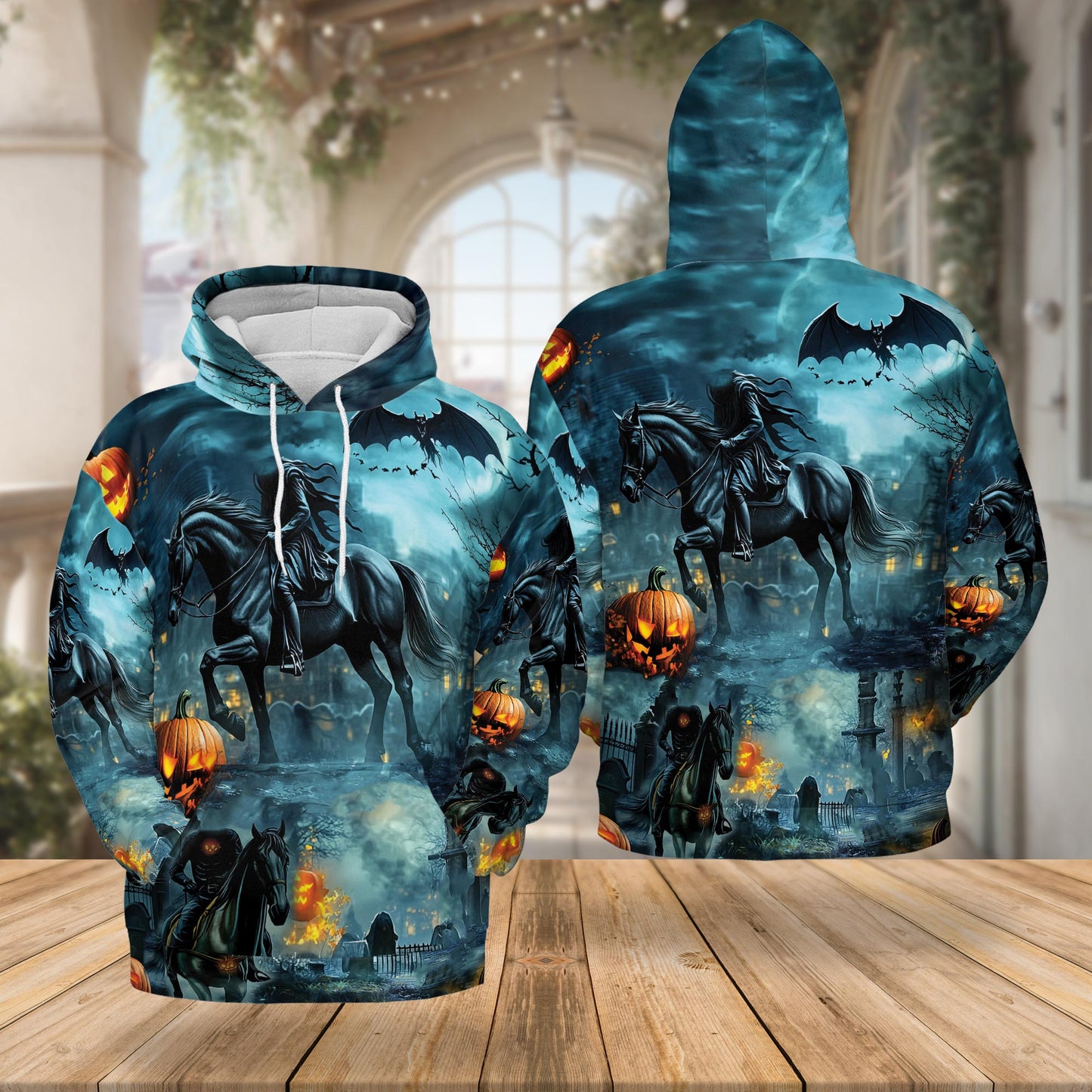 Netecom Headless Horseman 3D Hoodie with Front Pocket, Unisex Casual All Over Halloween Graphic Sweatshirt