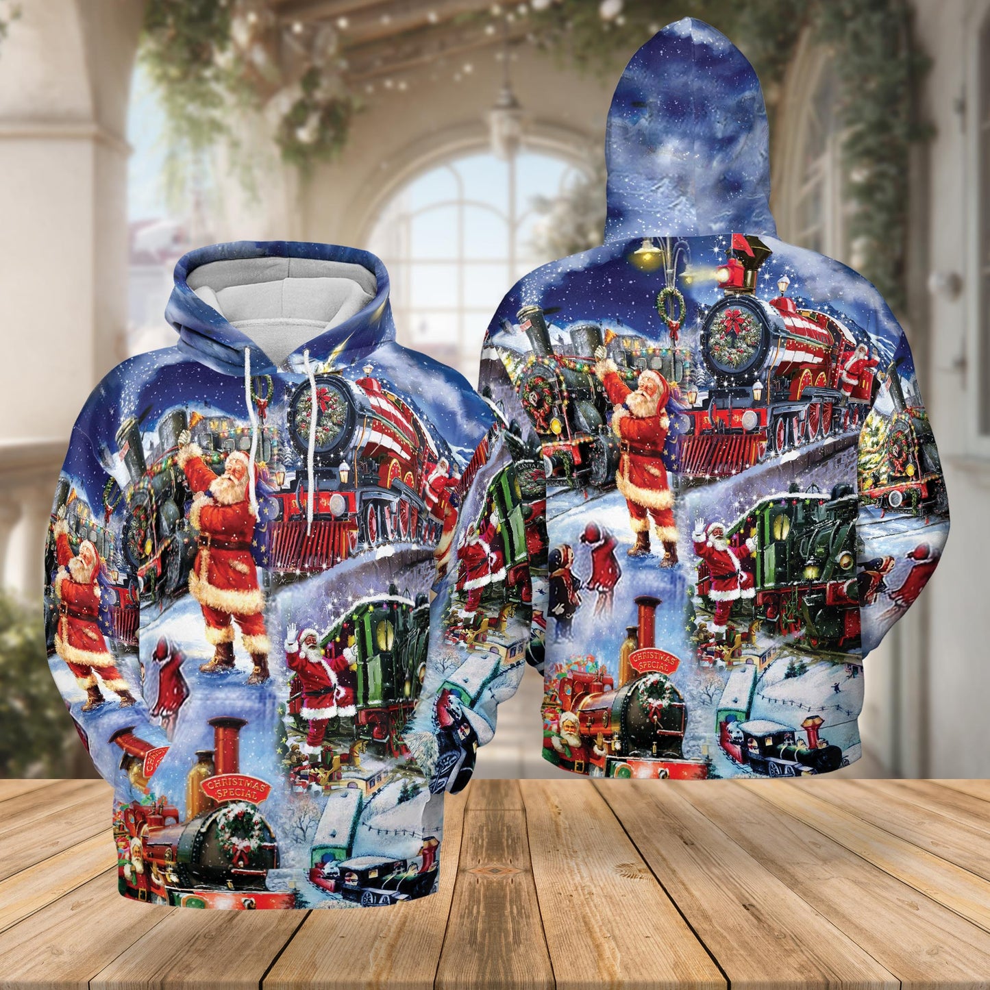 Netecom Santa Claus Christmas Train 3D Hoodie with Front Pocket, Unisex Casual All Over Graphic Sweatshirt