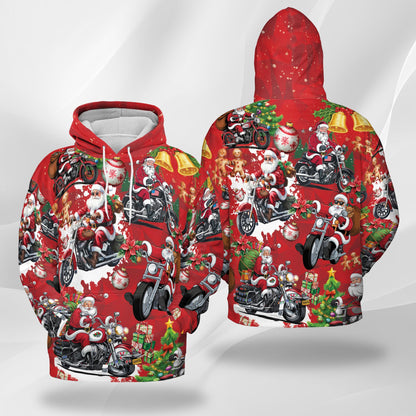 Netecom Santa Claus Riding Motorcycle Print Hoodie with Front Pocket, All Over Holiday Biker Graphic Sweatshirt Unisex Casual