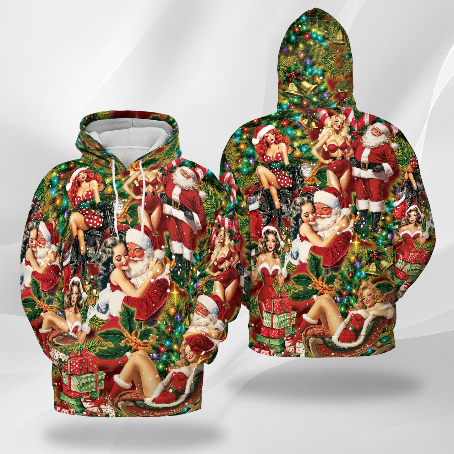 Netecom Christmas Santa Claus Pinup Girl Print Hoodie with Front Pocket, All Over Vintage Graphic Sweatshirt Unisex Casual