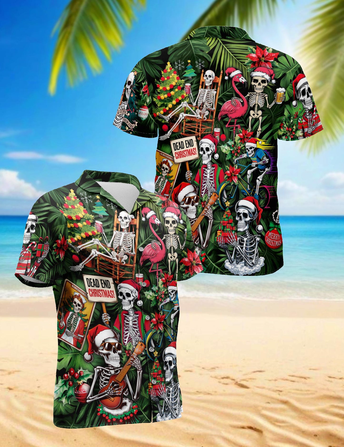 Netecom Skeleton Santa Claus Christmas Hawaiian Shirt for Men, Funny Skull Holiday Print Button Down Summer Beach Shirt, S-5XL