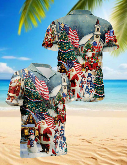 Netecom American Flag Santa Christmas Hawaiian Shirt, Patriotic Holiday Button Down Summer Beach Short Sleeve Shirt, S-5XL
