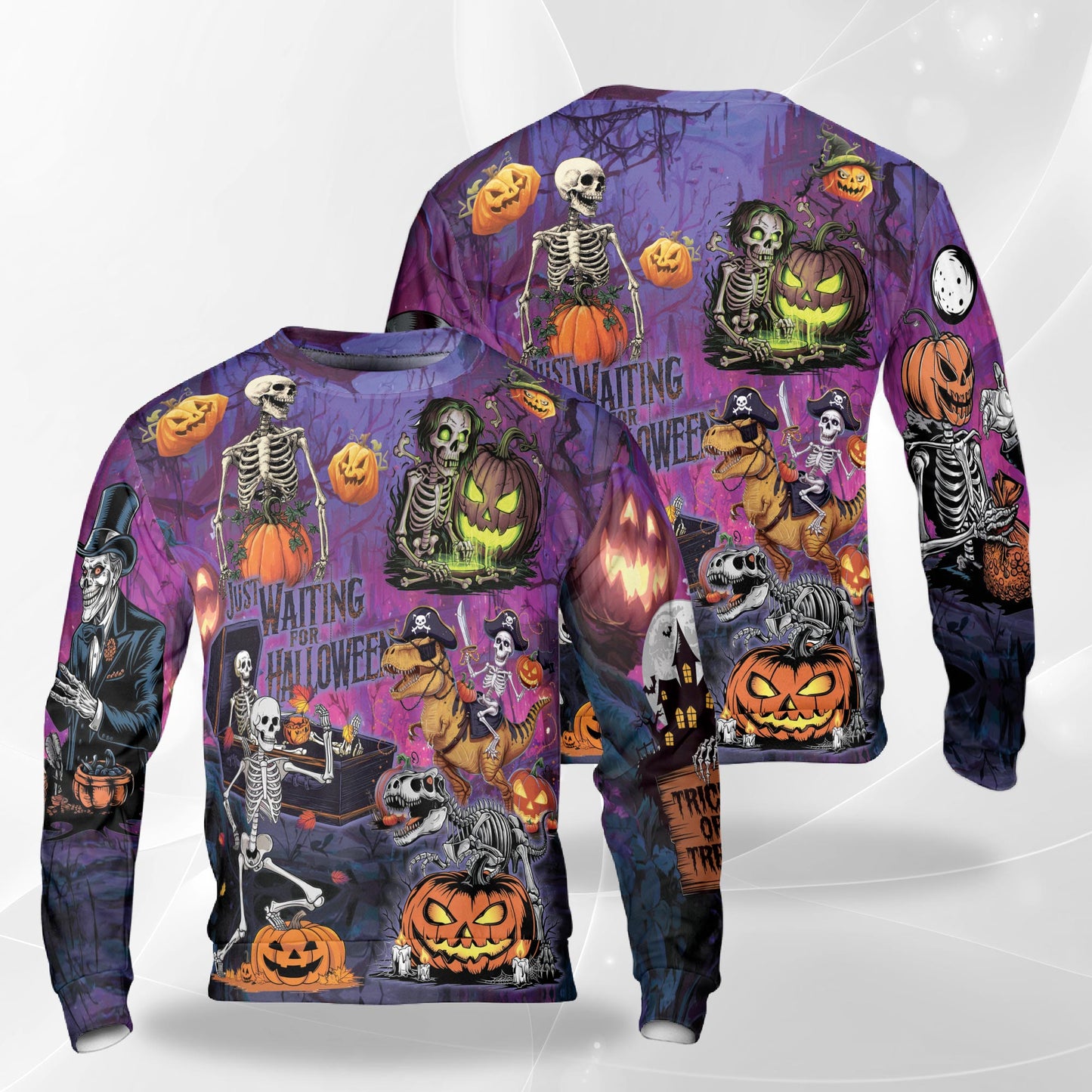 Netecom Halloween Skeleton Pumpkin Sweatshirt 3D All Over Print, Spooky Gothic Outfit, Crewneck Pullover for Costume Party
