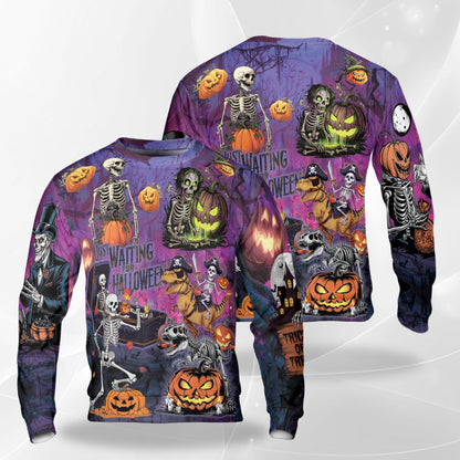 Netecom Halloween Skeleton Pumpkin Sweatshirt 3D All Over Print, Spooky Gothic Outfit, Crewneck Pullover for Costume Party
