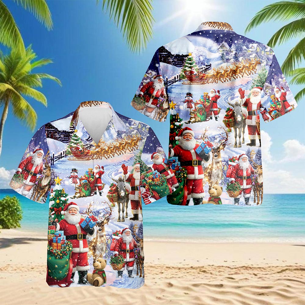 Netecom Santa Claus Snowy Christmas Village Hawaiian Shirt, Holiday Print Button Down Summer Beach Short Sleeve Shirt, S-5XL