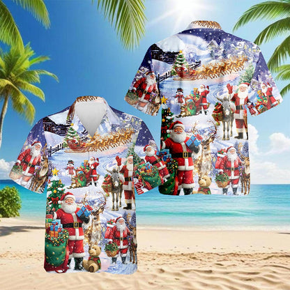 Netecom Santa Claus Snowy Christmas Village Hawaiian Shirt, Holiday Print Button Down Summer Beach Short Sleeve Shirt, S-5XL