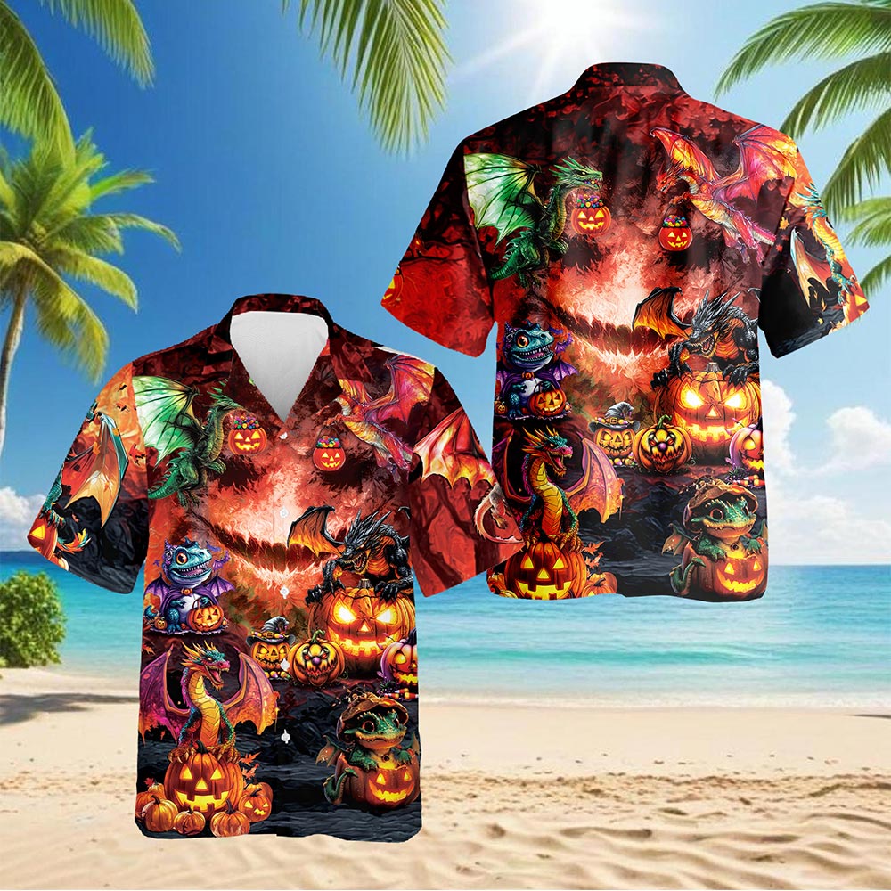 Netecom Halloween Dragon Hawaiian Shirt for Men, Halloween Present, Mythology Dragon Button Down Summer Beach Shirts, S-5XL