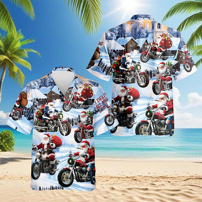 Netecom Santa Claus Motorcycle Christmas Hawaiian Shirt for Men Women, Winter Snow Button Down Summer Beach Shirts, S-5XL
