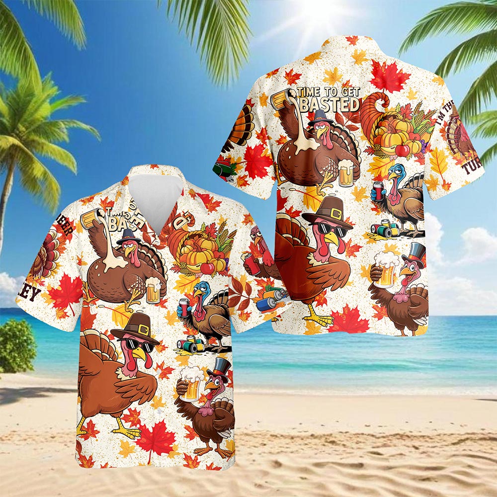 Netecom Happy Turkey Day Thanksgiving Hawaiian Shirt for Men Women, Turkey Drink Beer Button Down Shirts, S-5XL