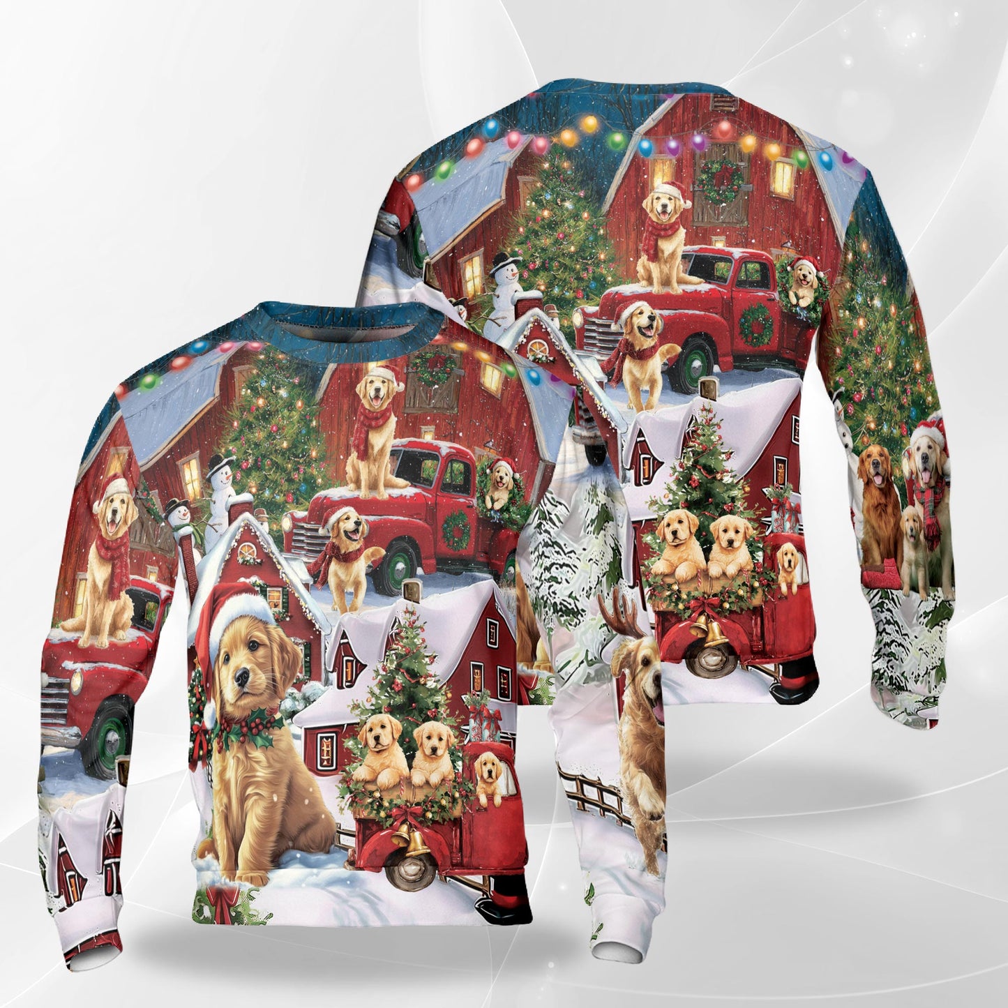 Netecom Golden Retriever Christmas Sweatshirt 3D All Over Print, Dog in Red Truck Design, Crewneck Pullover for Costume Party