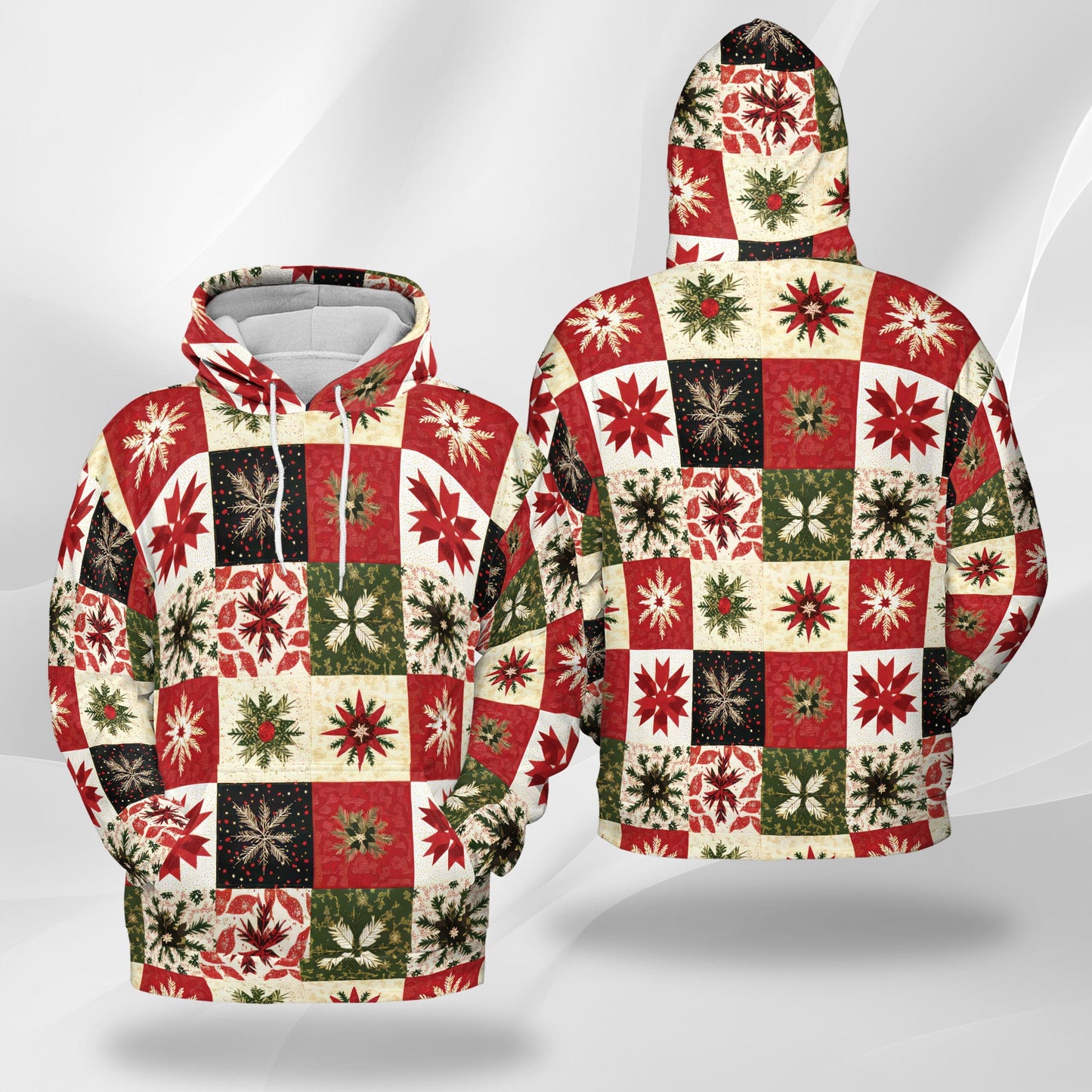 Netecom Christmas Quilt Pattern Print Hoodie with Front Pocket, All Over Patchwork Style Graphic Sweatshirt Unisex Casual
