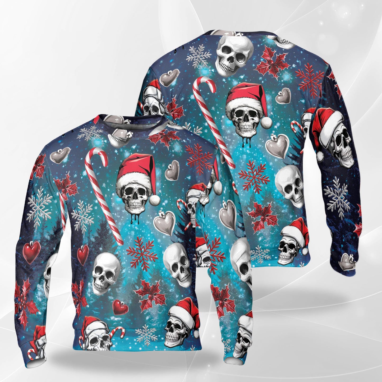 Netecom Santa Skull Christmas Sweatshirt 3D All Over Print, Gothic Skeleton Design, Crewneck Pullover for Costume Party