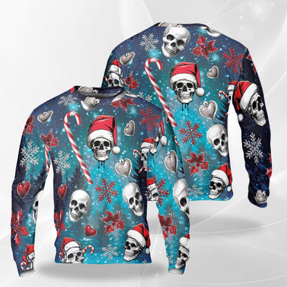 Netecom Santa Skull Christmas Sweatshirt 3D All Over Print, Gothic Skeleton Design, Crewneck Pullover for Costume Party