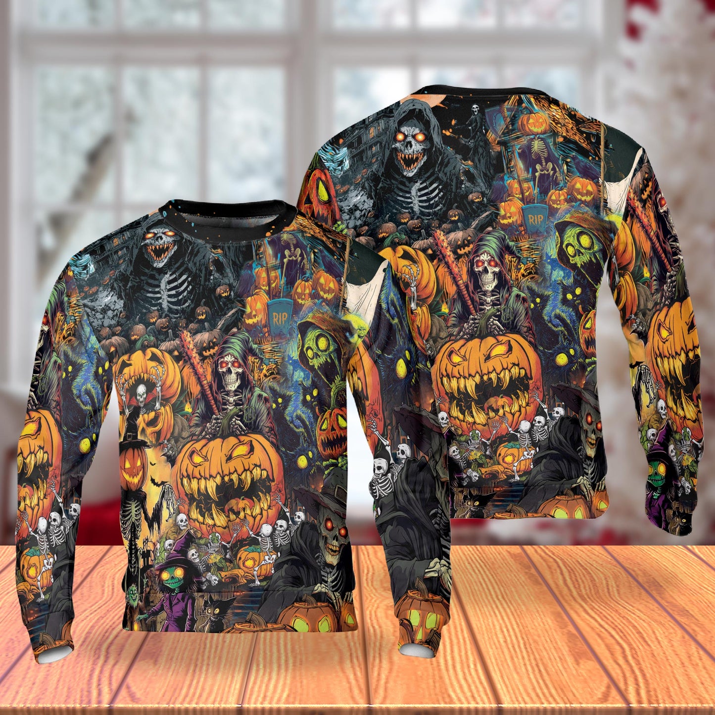 Netecom Halloween Skeleton Pumpkin Sweatshirt 3D All Over Print – Unisex Crewneck Pullover, Lightweight Fleece Casual Outfit