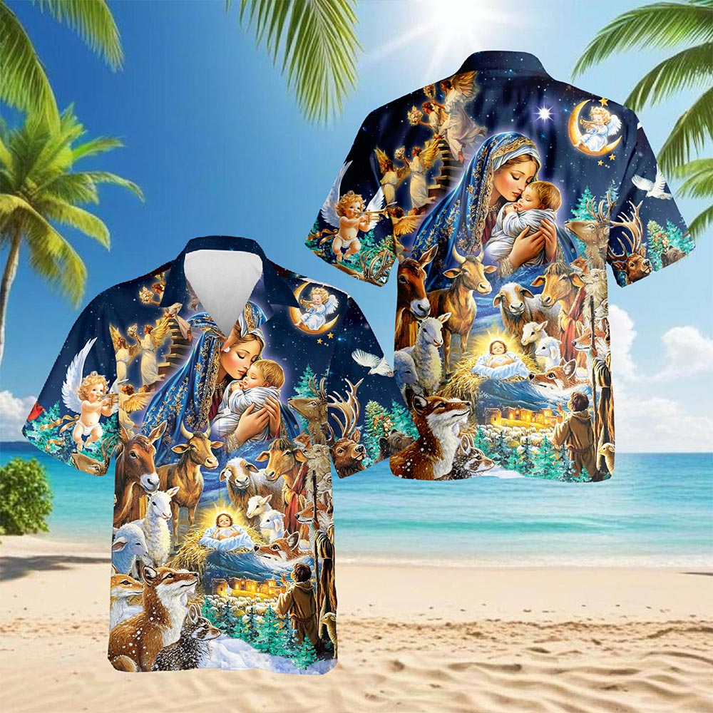 Netecom Nativity Scene Hawaiian Shirt, Holy Family Christian Christmas Button Down Summer Beach Short Sleeve Shirt, S-5XL