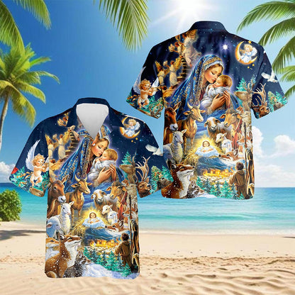 Netecom Nativity Scene Hawaiian Shirt, Holy Family Christian Christmas Button Down Summer Beach Short Sleeve Shirt, S-5XL