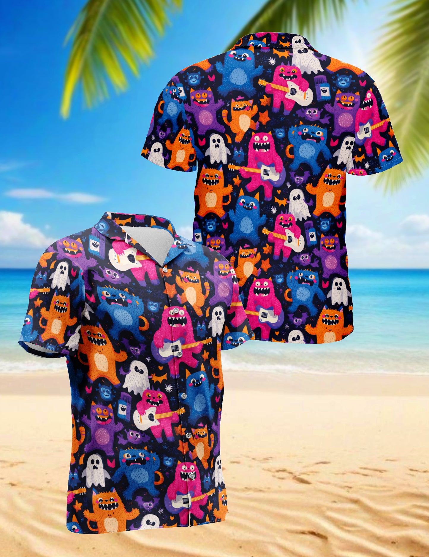 Netecom Cute Monster Art Hawaiian Shirt for Men Women, Cartoon Button Down Summer Aloha Beach Short Sleeve Shirts