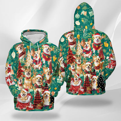 Netecom Christmas Corgi Print Hoodie with Front Pocket, All Over Cute Dog Lover Graphic Sweatshirt Unisex Casual