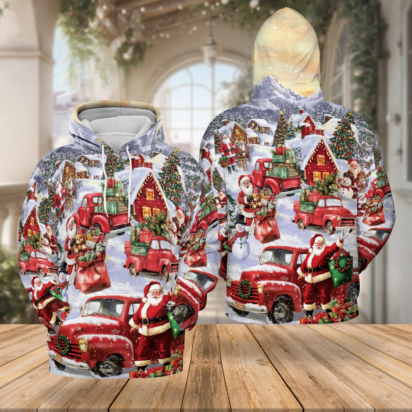 Netecom Christmas Red Truck 3D Hoodie with Front Pocket, Unisex Casual All Over Santa Claus Snow Graphic Sweatshirt