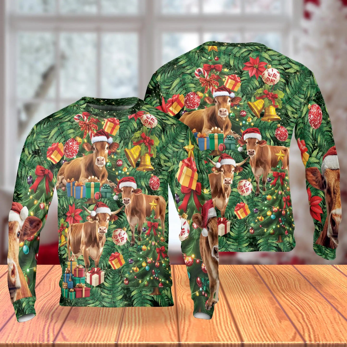 Cute Christmas Cow Sweatshirt, 3D All Over Print Holiday Farm Animal Crewneck Pullover for Men Women, Cow Lover Gift - Netecom