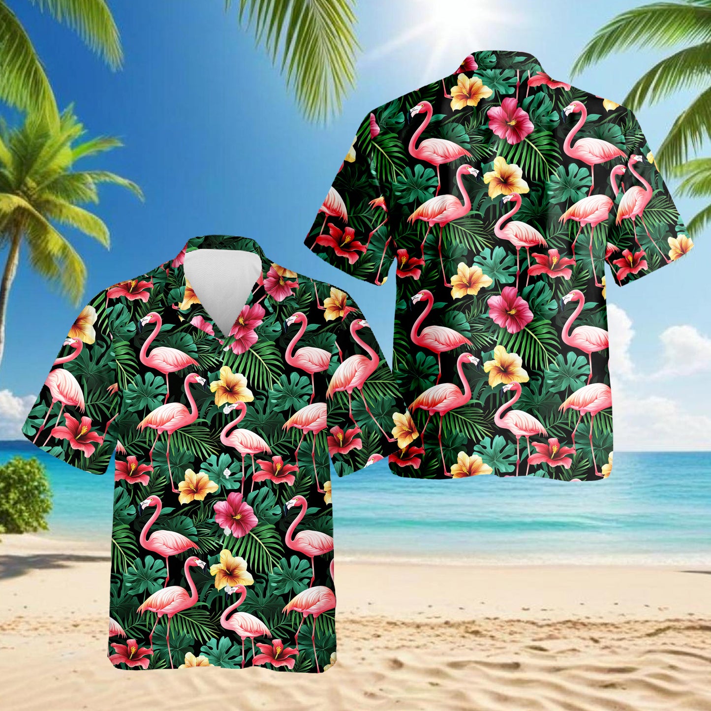 Netecom Flamingo Hibiscus Tropical Hawaiian Shirt for Men, Button Down Summer Beach Short Sleeve, Floral Style, Sizes S-5XL