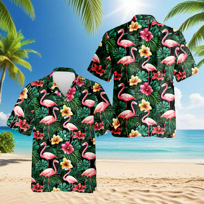 Netecom Flamingo Hibiscus Tropical Hawaiian Shirt for Men, Button Down Summer Beach Short Sleeve, Floral Style, Sizes S-5XL