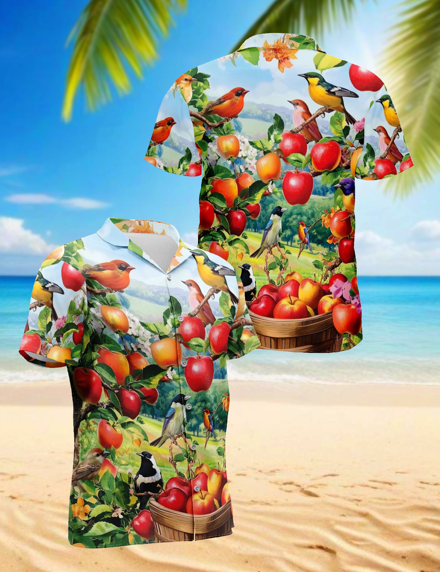 Netecom Apple Fruits and Birds Hawaiian Shirt, Fruits Lover Gifts, Tropical Animal Button Down Summer Beach Shirts