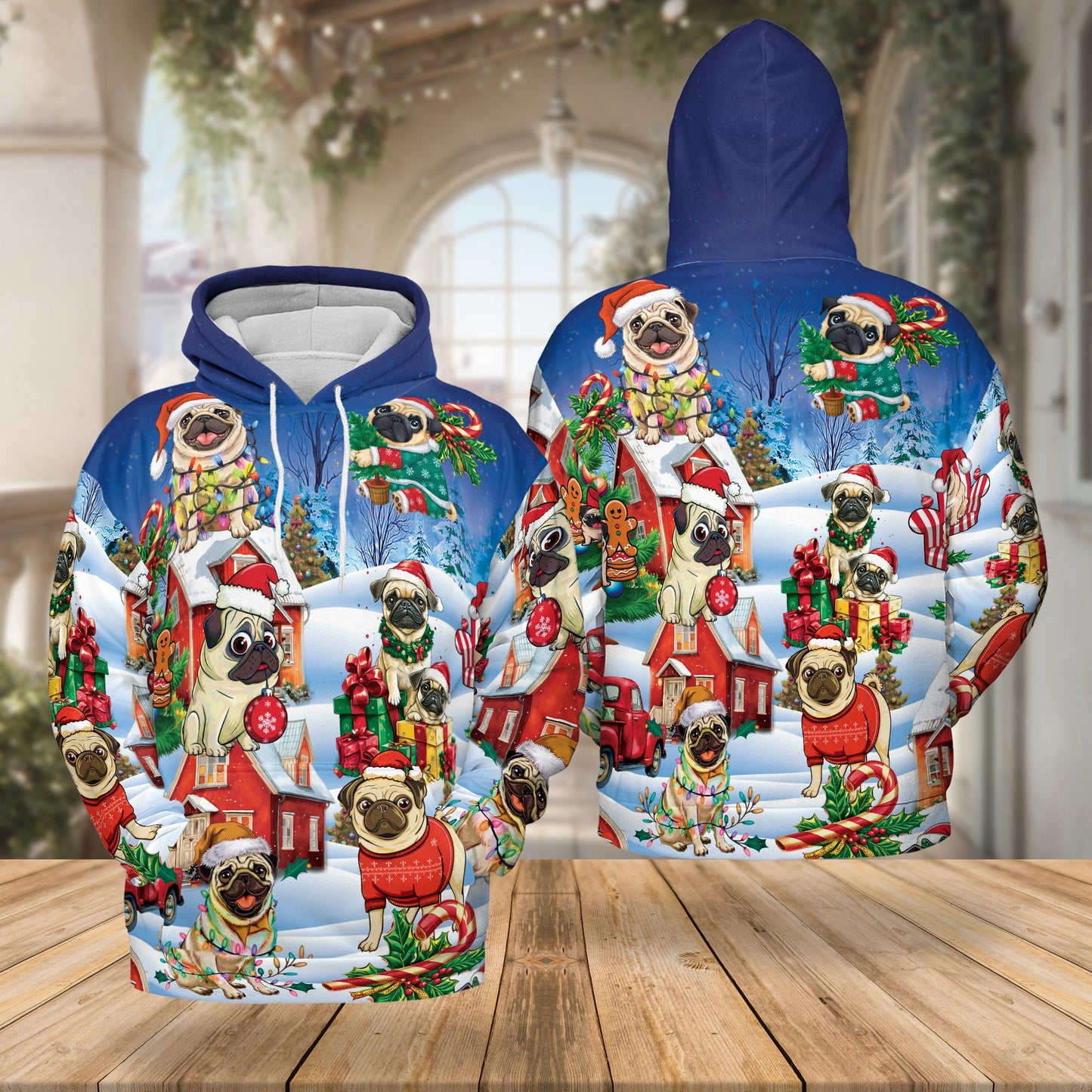 Netecom Funny Pug Christmas 3D Hoodie with Front Pocket, Unisex Casual All Over Cute Dog Holiday Graphic Sweatshirt