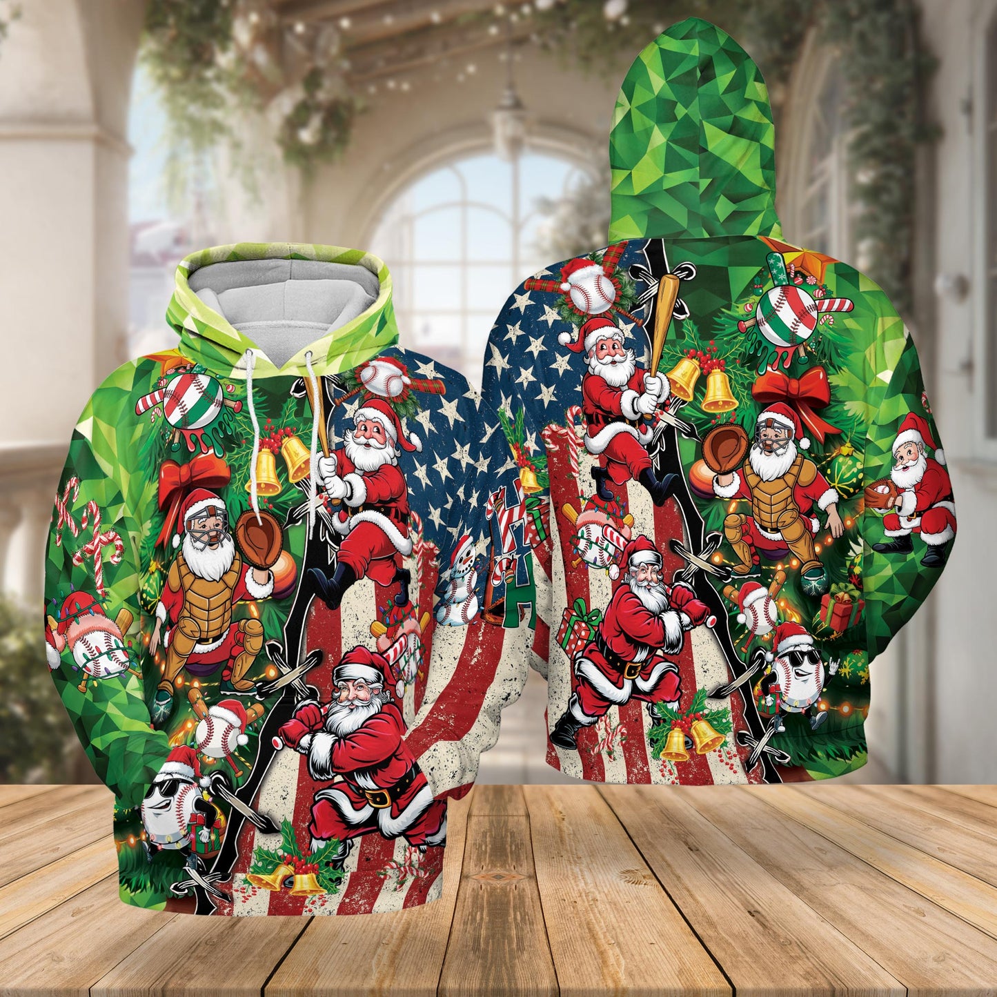 Netecom Baseball Santa USA Flag Christmas 3D Hoodie with Front Pocket, Unisex Casual All Over Graphic Sweatshirt