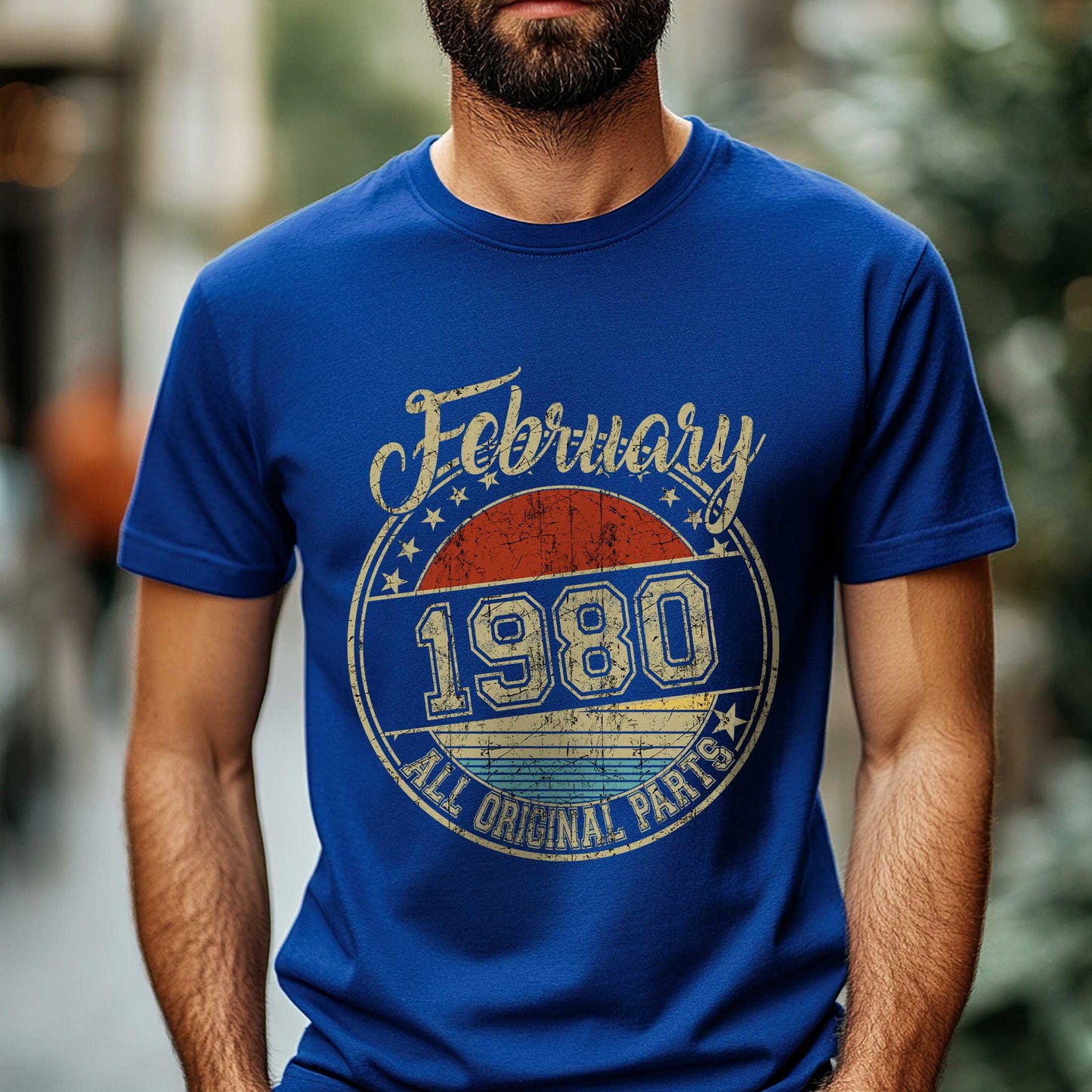 Netecom February 1980 All Original Parts T-Shirt, Retro Birthday Shirt for Men, Perfect Gift for February Birthday